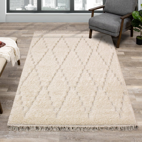 Novato Cream Diamond Shag Rug by Kalora Interiors