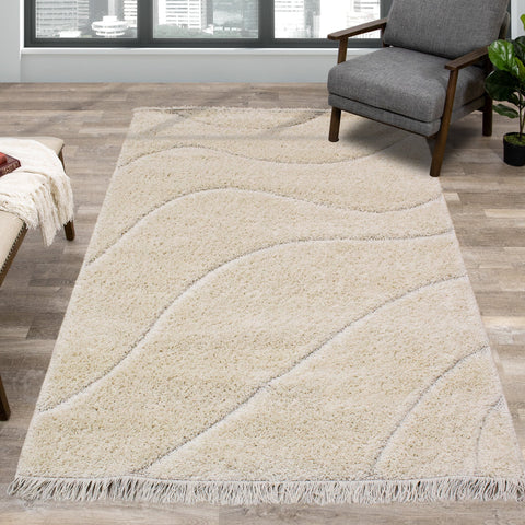 Novato Cream Curves Shag Rug by Kalora Interiors