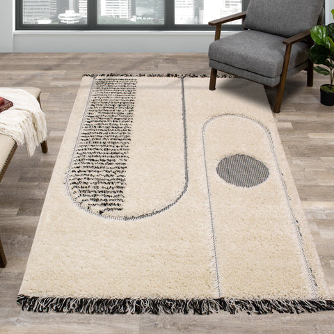 Novato Cream Black Geometric Modern Rug by Kalora Interiors
