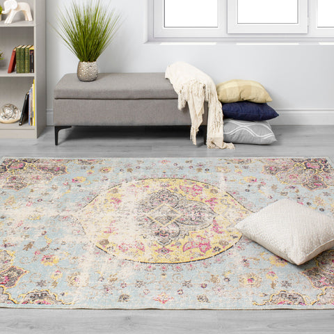 Sara Yellow Bulb Oriental Style Distressed Area Rug by Kalora Interiors