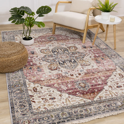 Serene Pink Cream Blue Elaborate Border Rug by Kalora Interiors