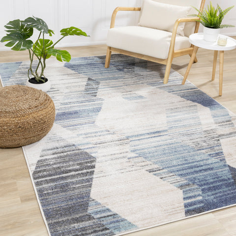 Fresco Cream Blue Grey Distressed Diamond Pattern Rug by Kalora Interiors