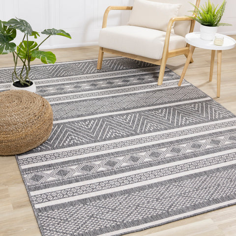 Bristol Reversible Grey White Striped Pattern Outdoor Rug by Kalora Interiors