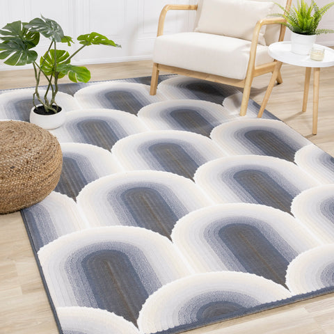 Ella Cream Blue Grey Ombre Geometric Plush Rug by Kalora Interiors