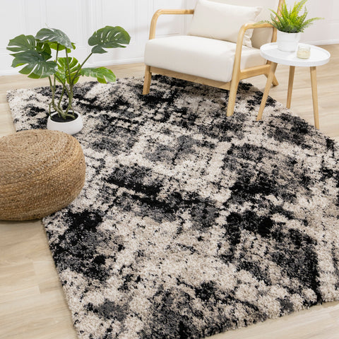 Maroq Cream Grey Beige Distressed Diamond Shag Rug by Kalora Interiors