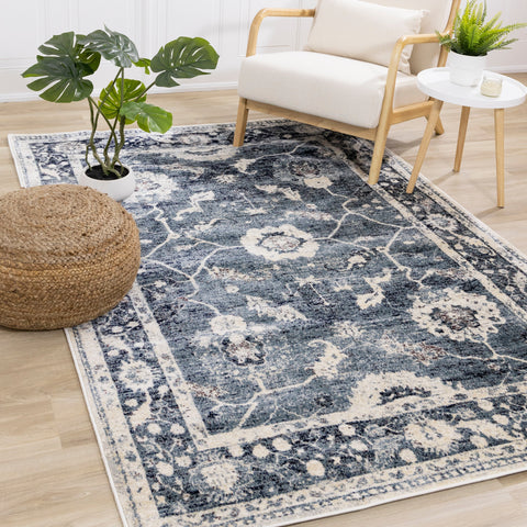 Sidra Distressed Blue Cream Border Rug by Kalora Interiors