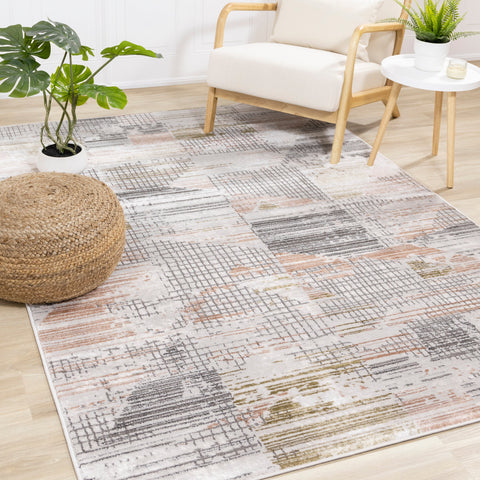 Darcy Grey Pink Green Distressed Angular Plush Rug by Kalora Interiors