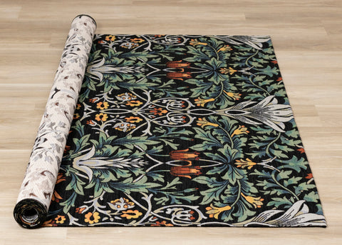 Cathedral Green Black Red Grey Yellow Symmetrical Floral Print Rug by Kalora Interiors