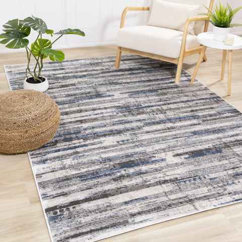 Darcy Cream Grey Blue Sparkling Striped Rug by Kalora Interiors